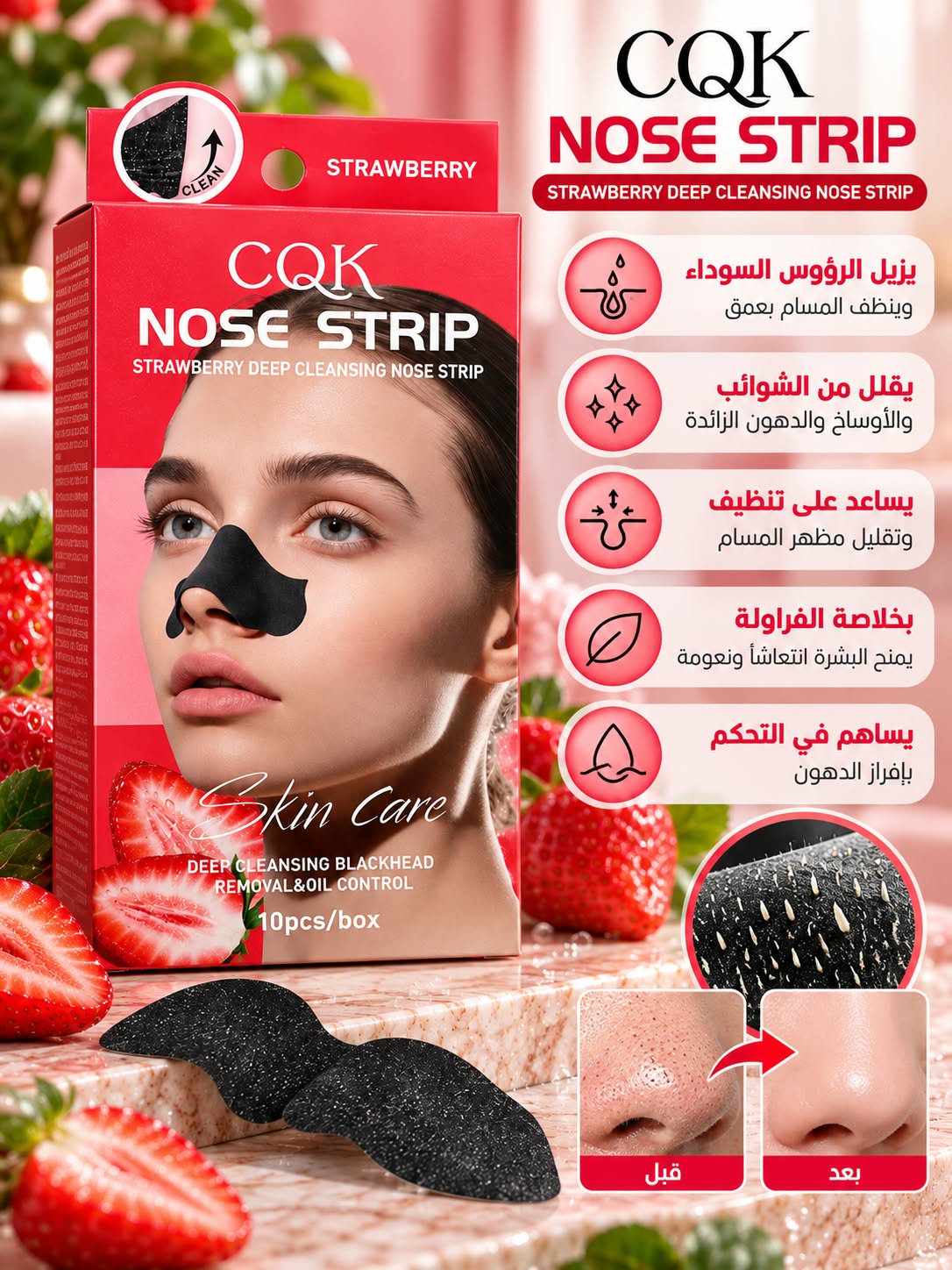 لصقات الأنف لإزالة الرؤوس السوداء بخلاصة الفراولة من CQK – 10 قطع